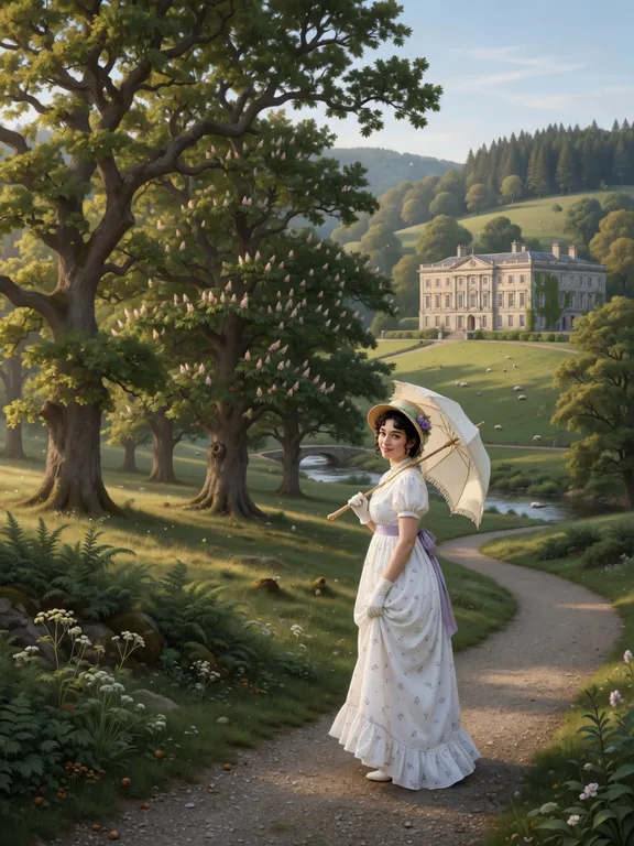Elizabeth Bennet holding a parasol on a country path